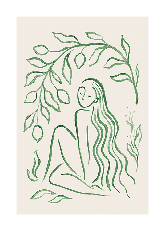  – Illustration of a woman surrounded by leaves, outlined in green against a beige background