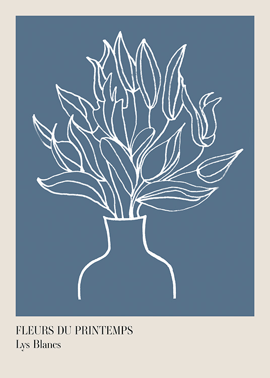  – Graphic illustration with a bouquet of flowers in a vase, drawn in white on a blue-grey background