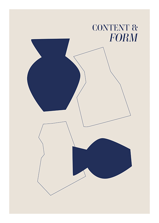  – Graphic illustration with abstract shapes and vases in blue on a beige background