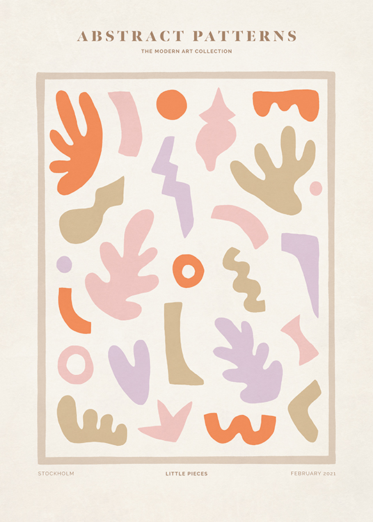  – Graphic illustration with various shapes in colourful shades on a light beige background
