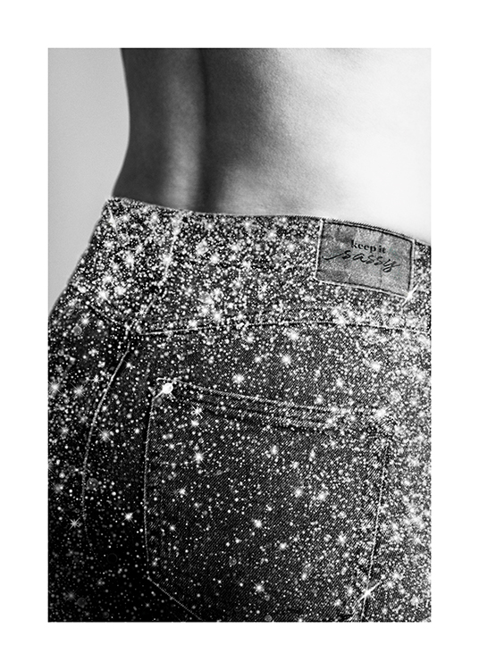  – Black and white photograph of the backside of a pair of sparkly jeans