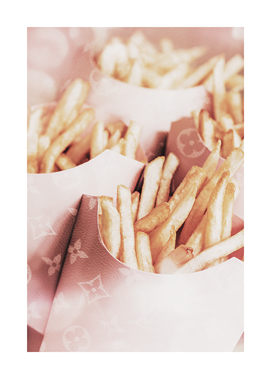 – Photograph of french fries in pink Louis Vuitton boxes