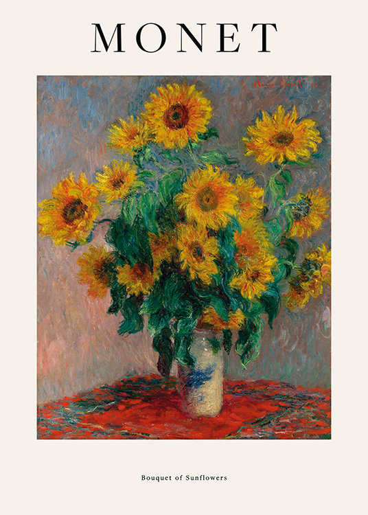  – Painting of a bouquet of sunflowers in a vase, standing on a table with a red table cloth