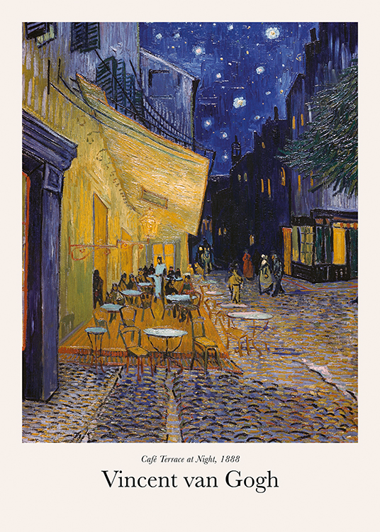  – Painting of a café in a city, with a terrace outside of it, and a dark blue sky in the background