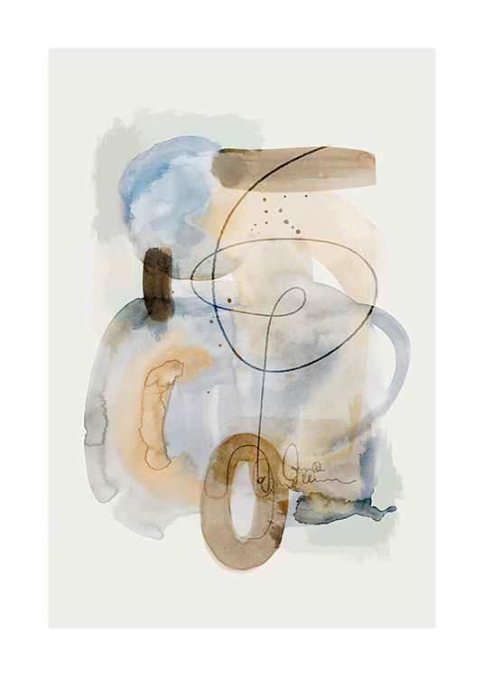  – Abstract painting in grey, blue and brown watercolour on a light background