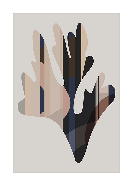  – Graphic illustration with a colourful coral shape, filled in with muted colours against a grey background