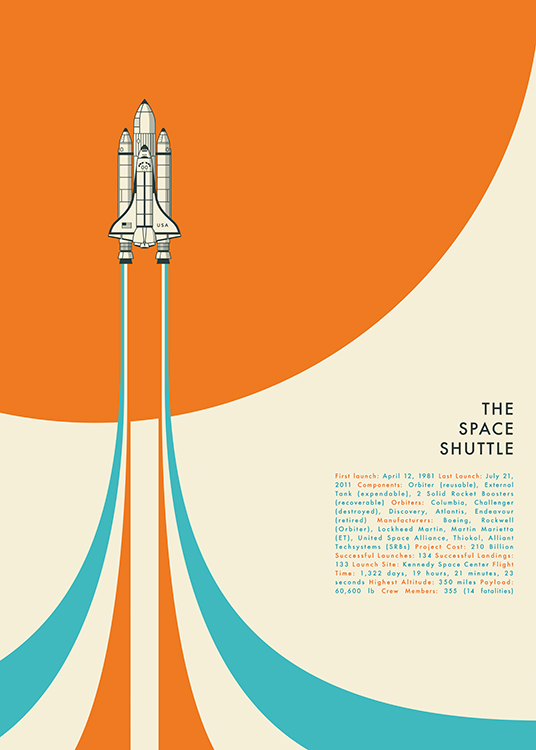  – Graphic illustration with a white space shuttle against an orange, blue and beige background