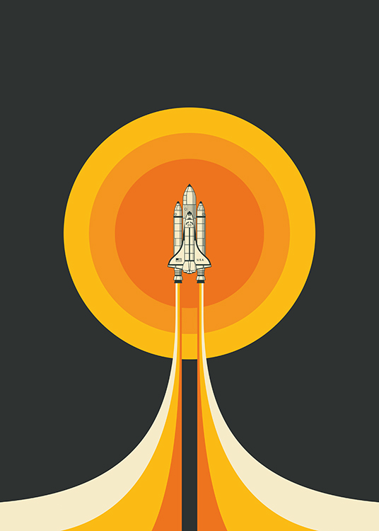 – Graphic illustration with a yellow and orange circle behind a space shuttle