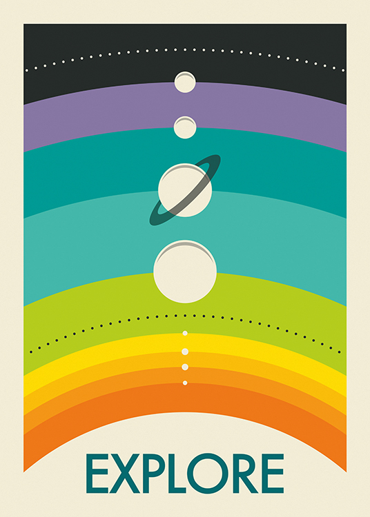  – Graphic illustration with a rainbow behind planets and text at the bottom