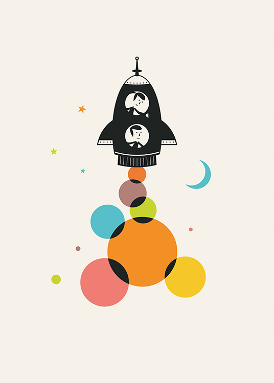  – Graphic illustration with colourful stars and circles underneath a black space shuttle