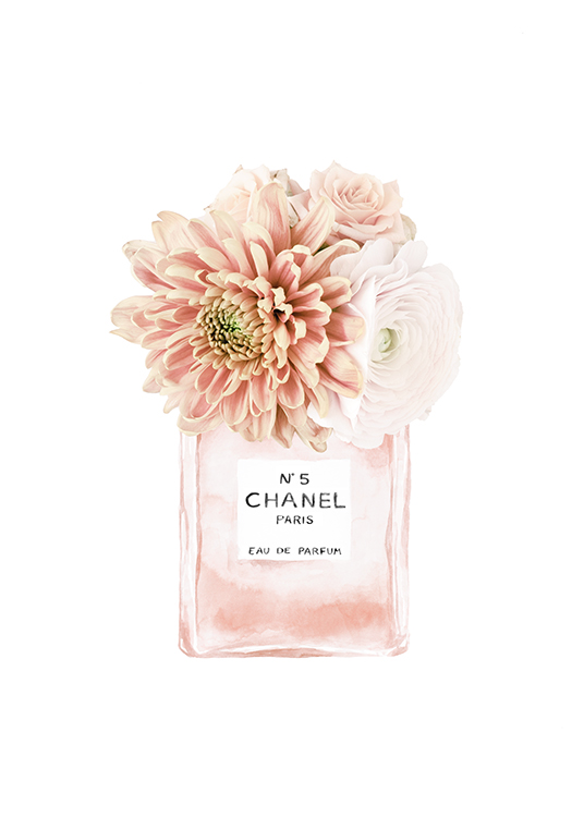  – Illustration of a light pink Chanel perfume bottle with light pink flowers sticking out of the top