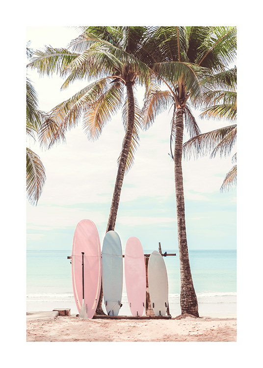  – Photograph of a couple of colourful surfboards leaning against two palm trees