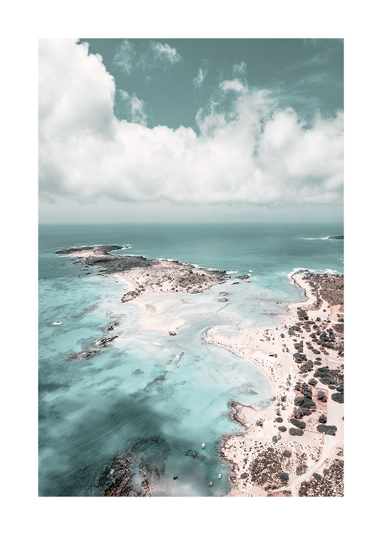  – Photograph of an ocean, small islands and a beach seen from above