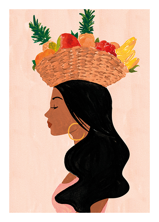  – Illustration of a woman from the side with black hair, carrying a fruit basket on her head