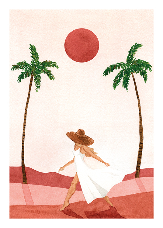  – Illustration of a woman in a white dress and sun hat, walking on red sand with palm trees in the background
