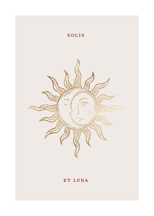  – Graphic illustration of a gold sun and moon against a light beige background