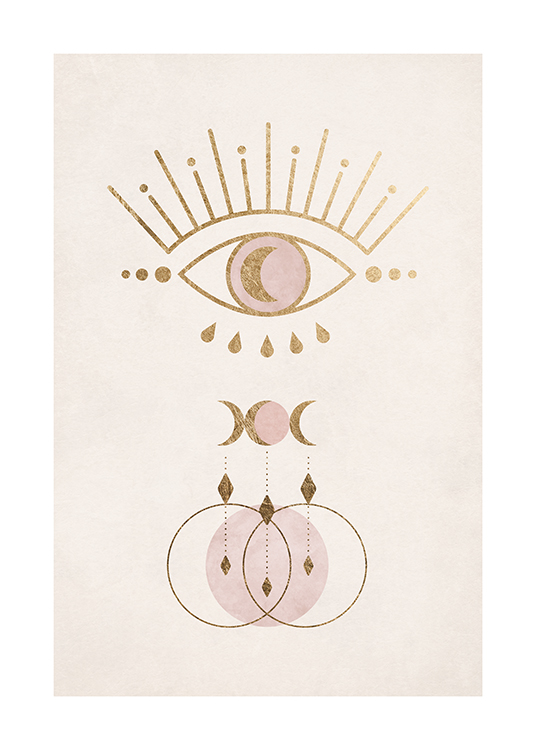  – Graphic illustration of an eye and symbols in gold and pink on a light beige background