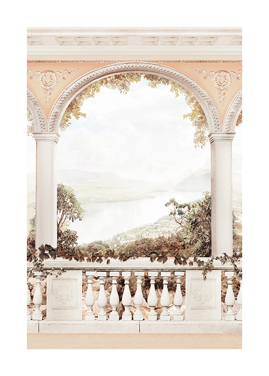  – Photograph of a landscape view from a balcony with pillars and an arch