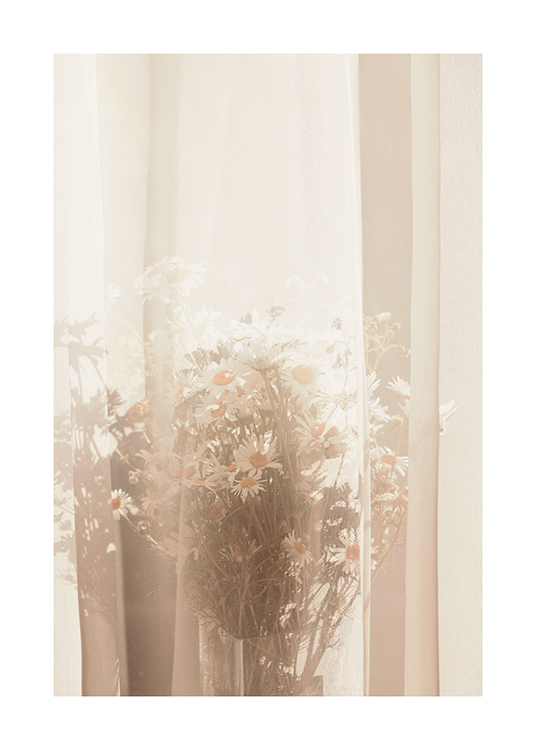  – Photograph of a tulle curtain in front of a bouquet of daisys