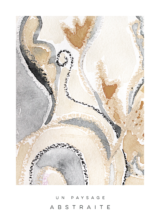  – Painting with abstract design in grey and beige shades and text underneath
