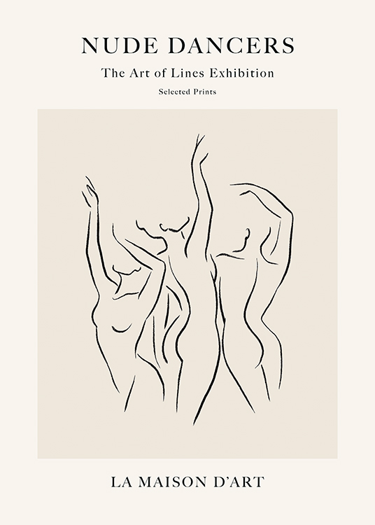  – Illustration in line art of a group of naked dancing women against a beige background