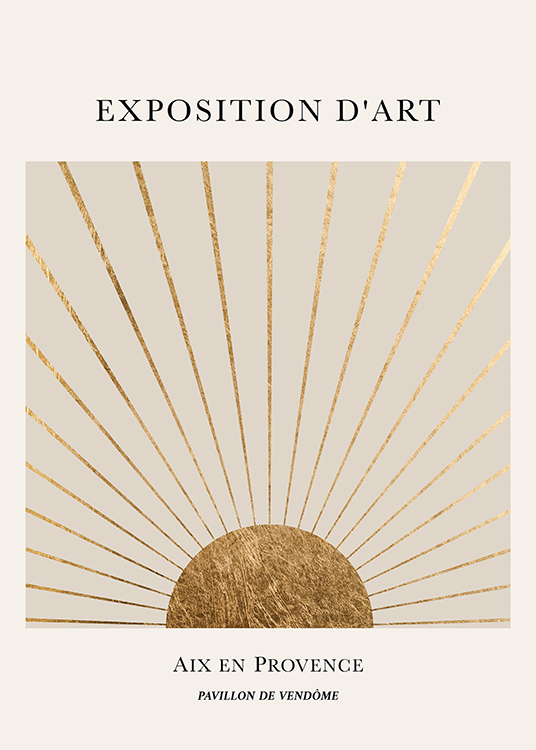  – Graphic illustration of a golden sun and sunrays against a beige background