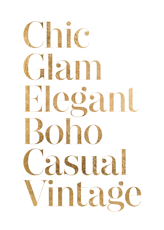  – Text print with a list of fashion styles in gold text on a white background