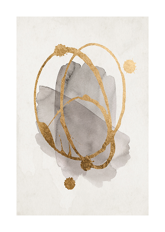  – Painting in watercolour with splattered gold on grey shapes, against a light background