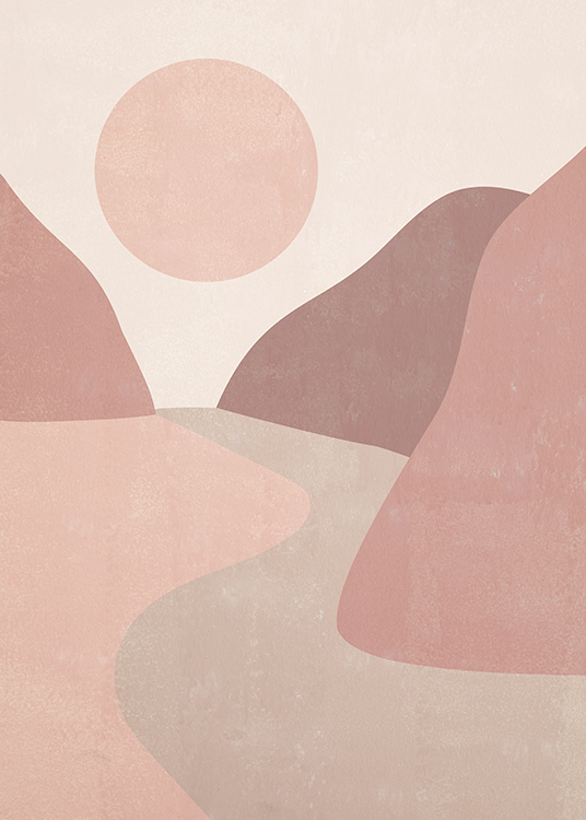  – Graphic illustration of a pink and beige landscape with mountains and a sun