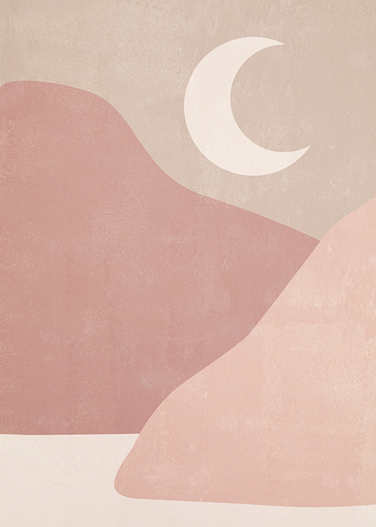  – Graphic illustration of mountains and a moon in shades of beige and pink