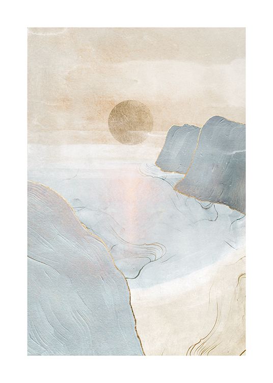  – Abstract painting of a pastel blue and beige sunset with gold details