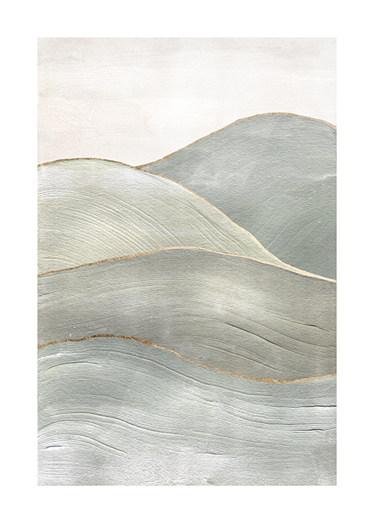  – Painting with abstract hills in grey-green with golden outlines
