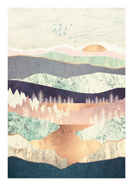  – Graphic, abstract illustration of a landscape in various colours and patterns
