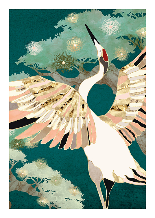  – Graphic illustration of a colourful crane with gold details on the wings, against a green background