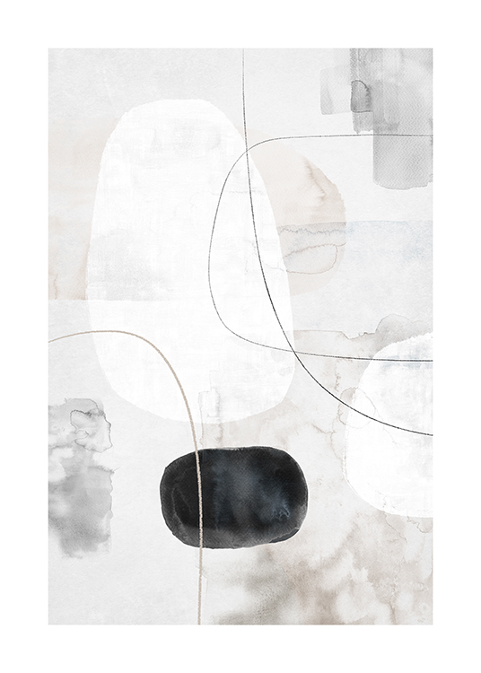  – Watercolour painting with lines and shapes in black and white against a light grey background