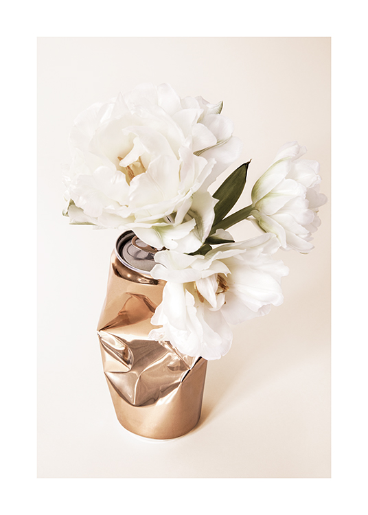  – Photograph of a bundle of white flowers in a gold drink can