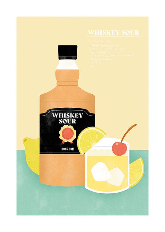  – Graphic illustration of a whiskey bottle and glass of whiskey sour with lemons and a cherry