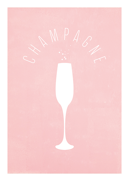  – Graphic illustration of a champagne glass and text in white against a pink background