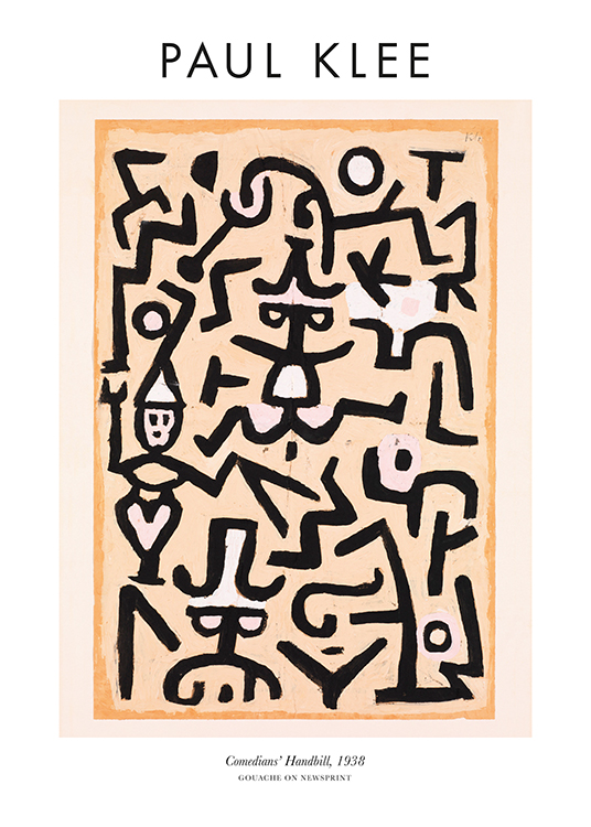  – Abstract painting with black and white figures on a pink and orange background