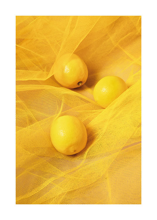  – Three lemons positioned on a bright yellow netted tulle