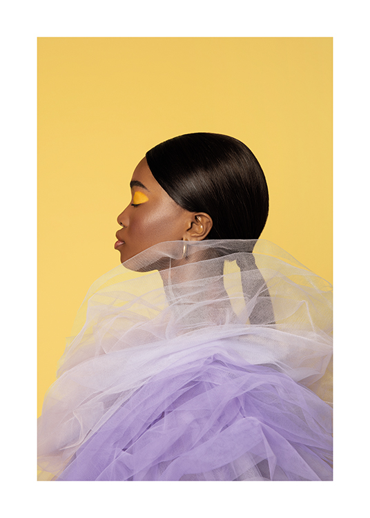  – The side-profile of a woman in a lilac dress on a yellow background