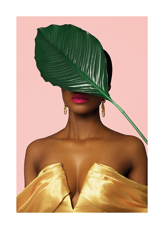  – A woman in a golden dress and statement earrings with her eyes covered by a leaf