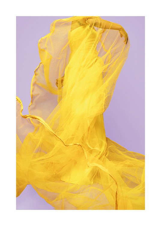  – A woman in a yellow tulle dress dancing on a lilac background
