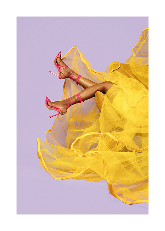  – A woman in a yellow tulle dress and orange heels floating on a lilac background