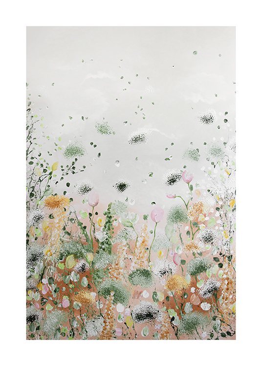  – Abstract painting with small plants and flowers in various colours against a grey background