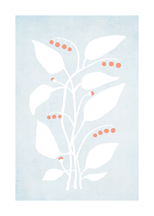  – Illustration of leaves in white and berries in red, against a light blue background
