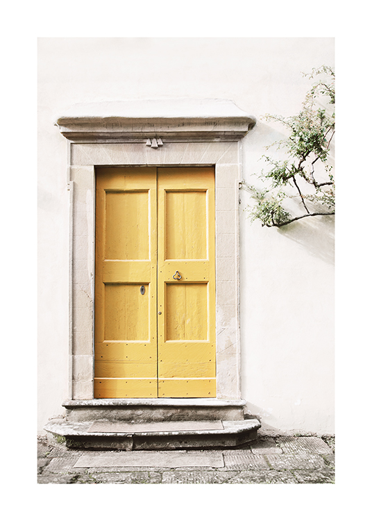  – Photograph of a white building with a yellow door in the middle and leaves and branches on the side