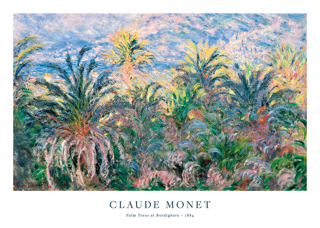  – Painting by Monet with colourful, abstract palm trees and a blue and pink sky in the background