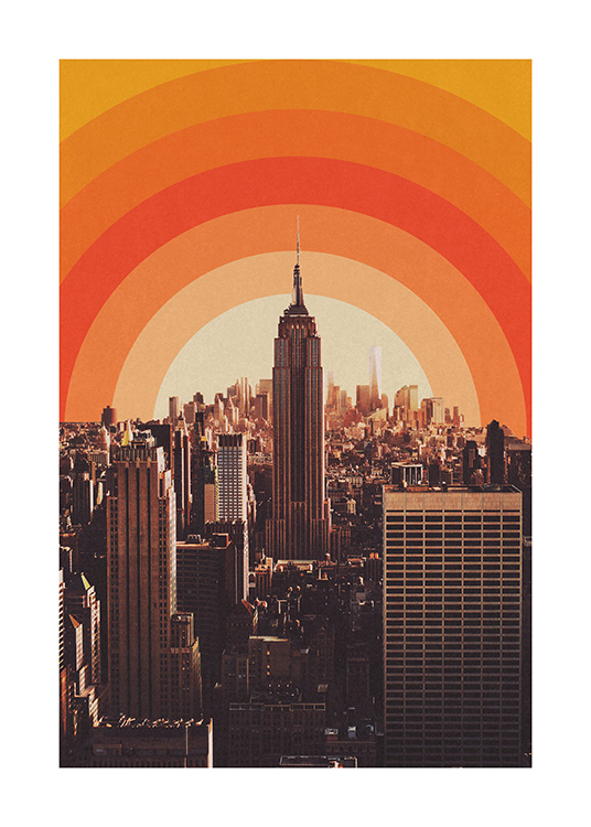  – Photograph of buildings in New York City with an abstract, graphic sunset in the background