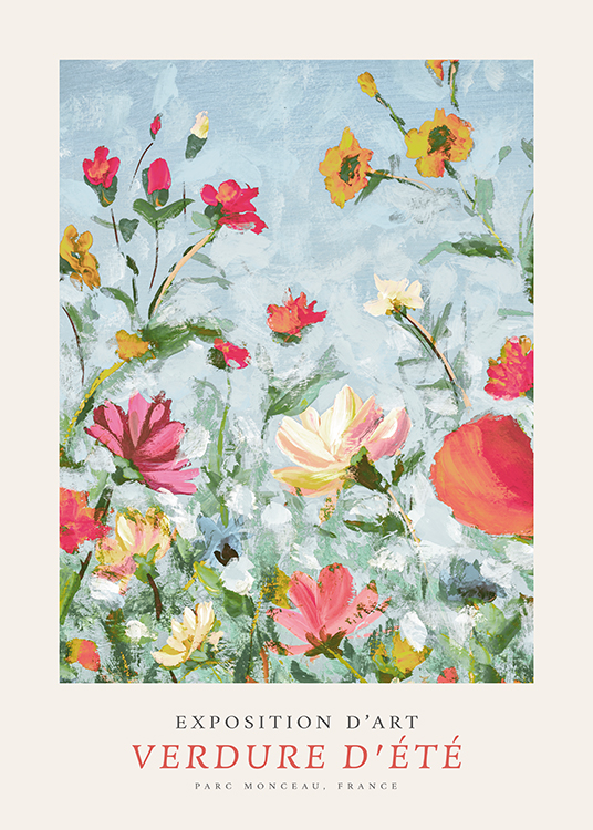  – Painting of flowers in yellow, red and pink against a blue background